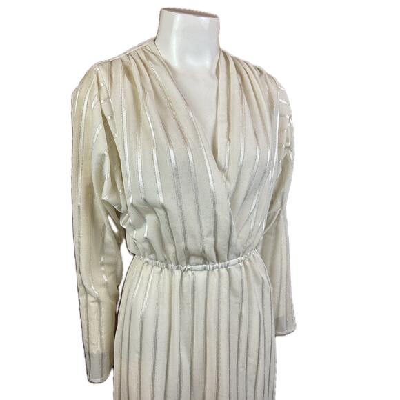 Vintage 1970s Ivory Metallic Stripe Wrap Disco Dress / Women’s XS - Picture 3 of 4